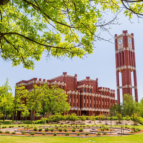 University of Oklahoma campus building and clock tower in Norman, Oklahoma.