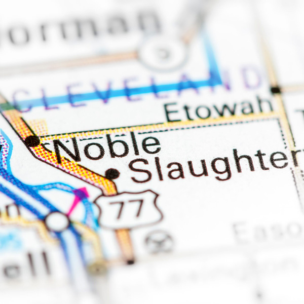 Map highlighting Noble, Oklahoma and surrounding areas for asphalt paving services.