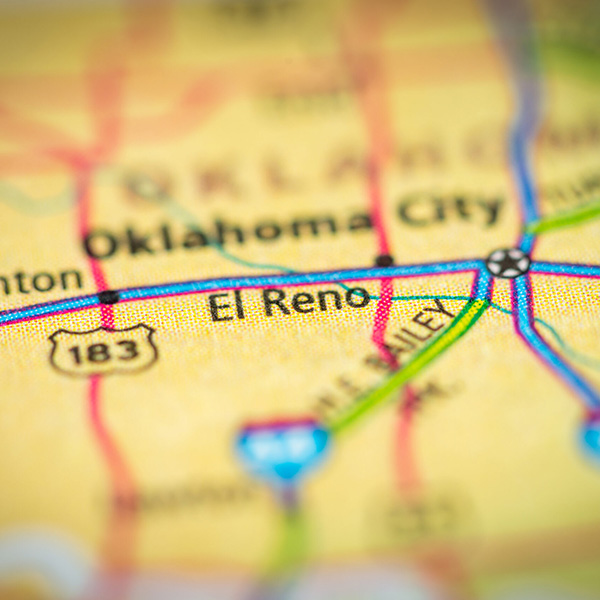Map highlighting El Reno, OK and Oklahoma City, asphalt paving services area.