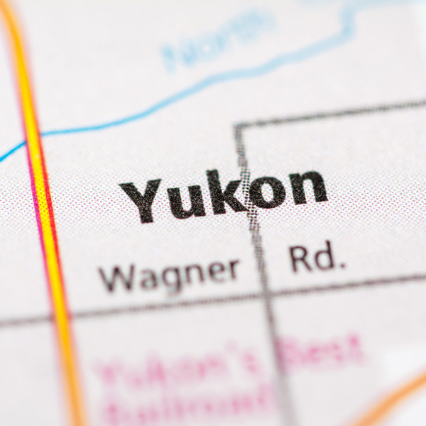 Close-up map highlighting Yukon, Oklahoma and surrounding roads for Arrow Asphalt LLC services.
