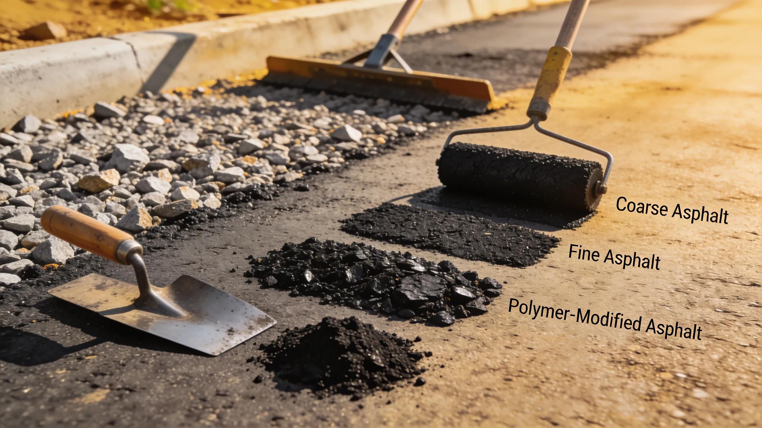 Asphalt paving process with coarse and fine asphalt materials and tools.