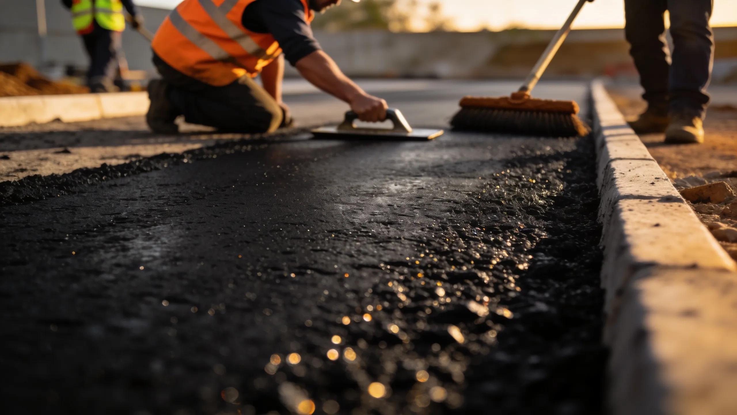 Asphalt paving crew smoothing fresh asphalt driveway surface during installation process.