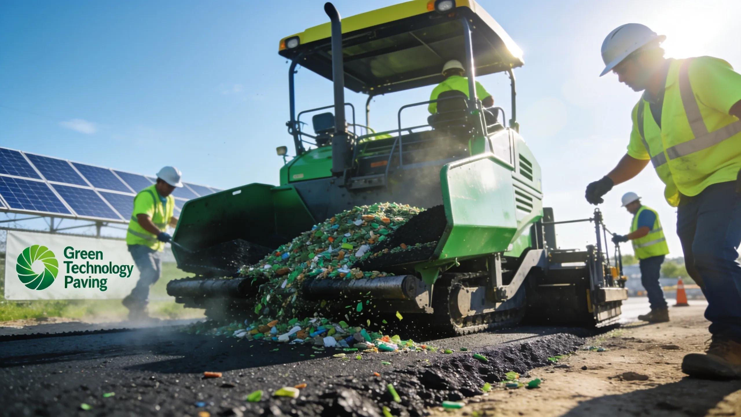 Asphalt paving equipment and workers utilizing recycled asphalt pavement (RAP) for eco-friendly road construction.