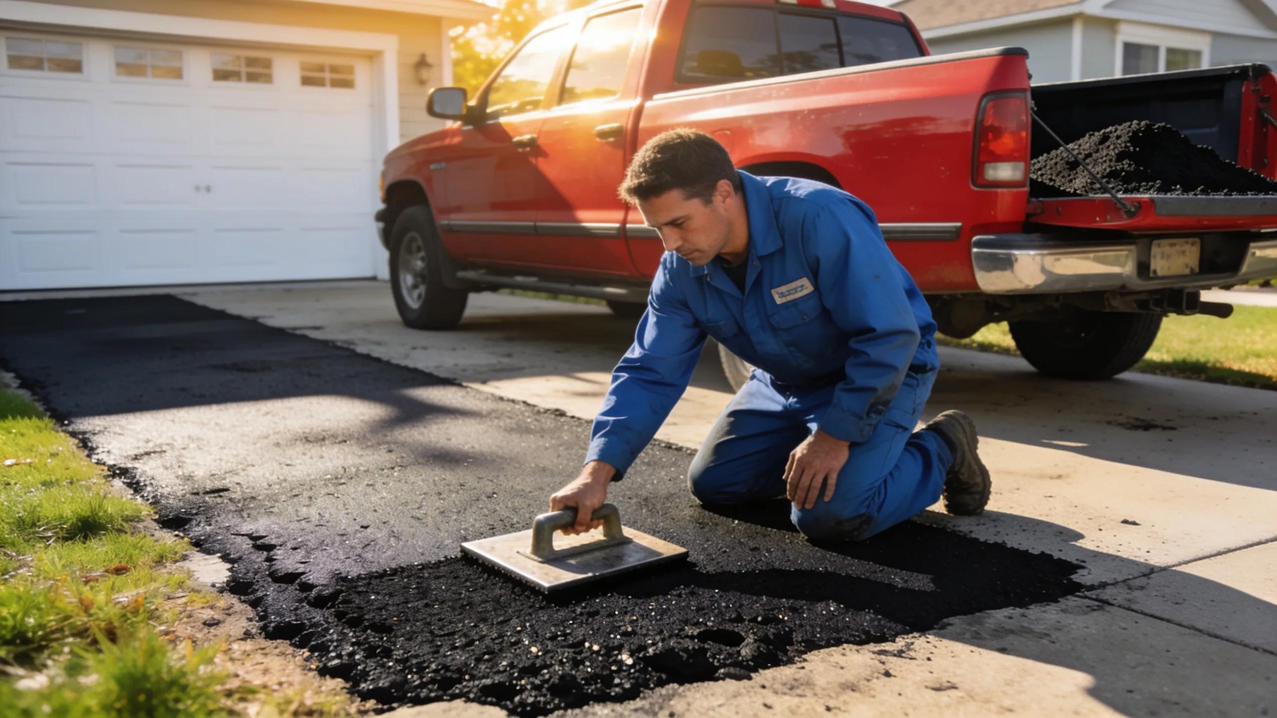 Asphalt repair worker patching driveway with asphalt material and tools.