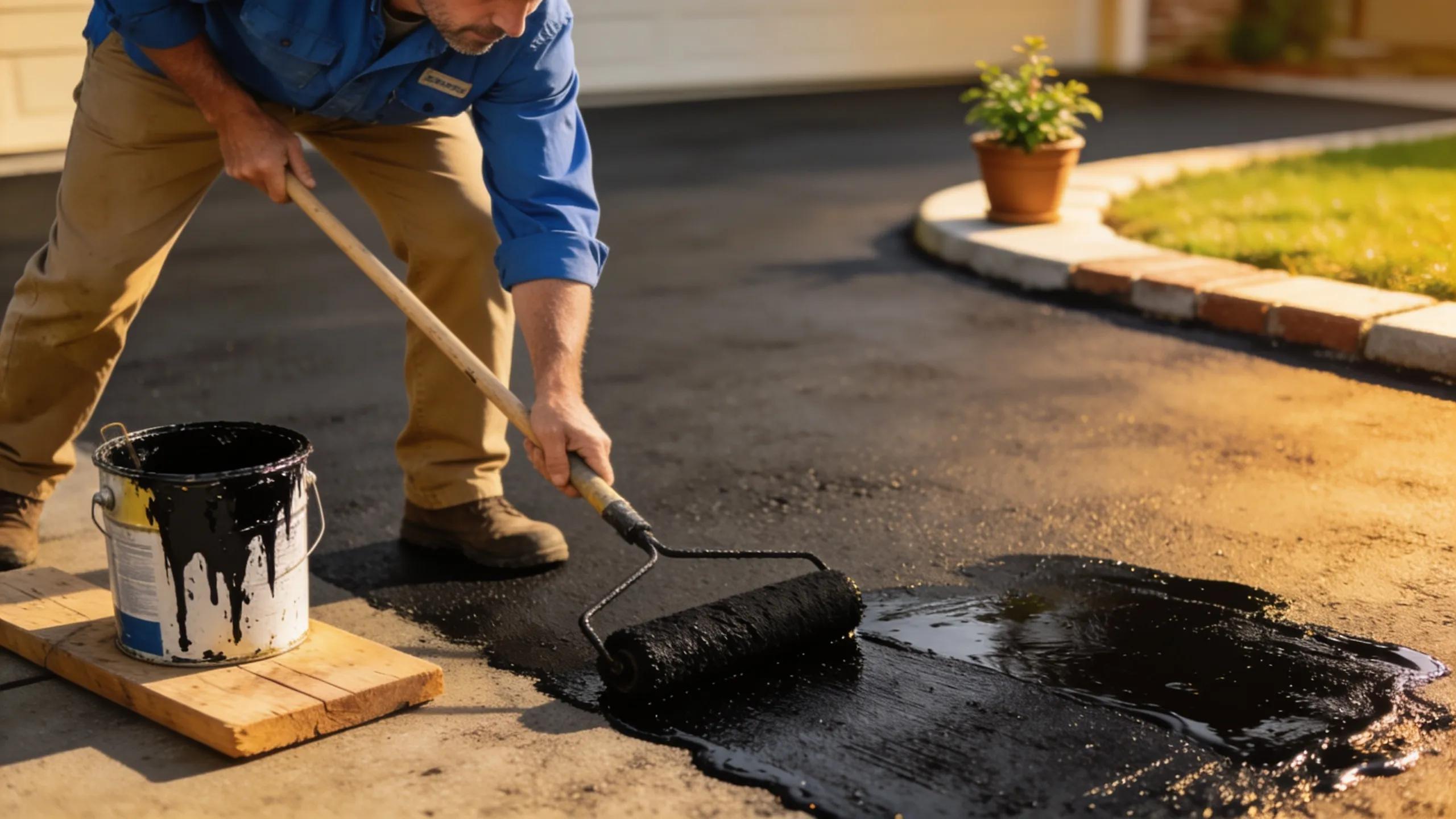 Asphalt driveway sealing with roller and sealant bucket, maintaining pavement performance and appearance.