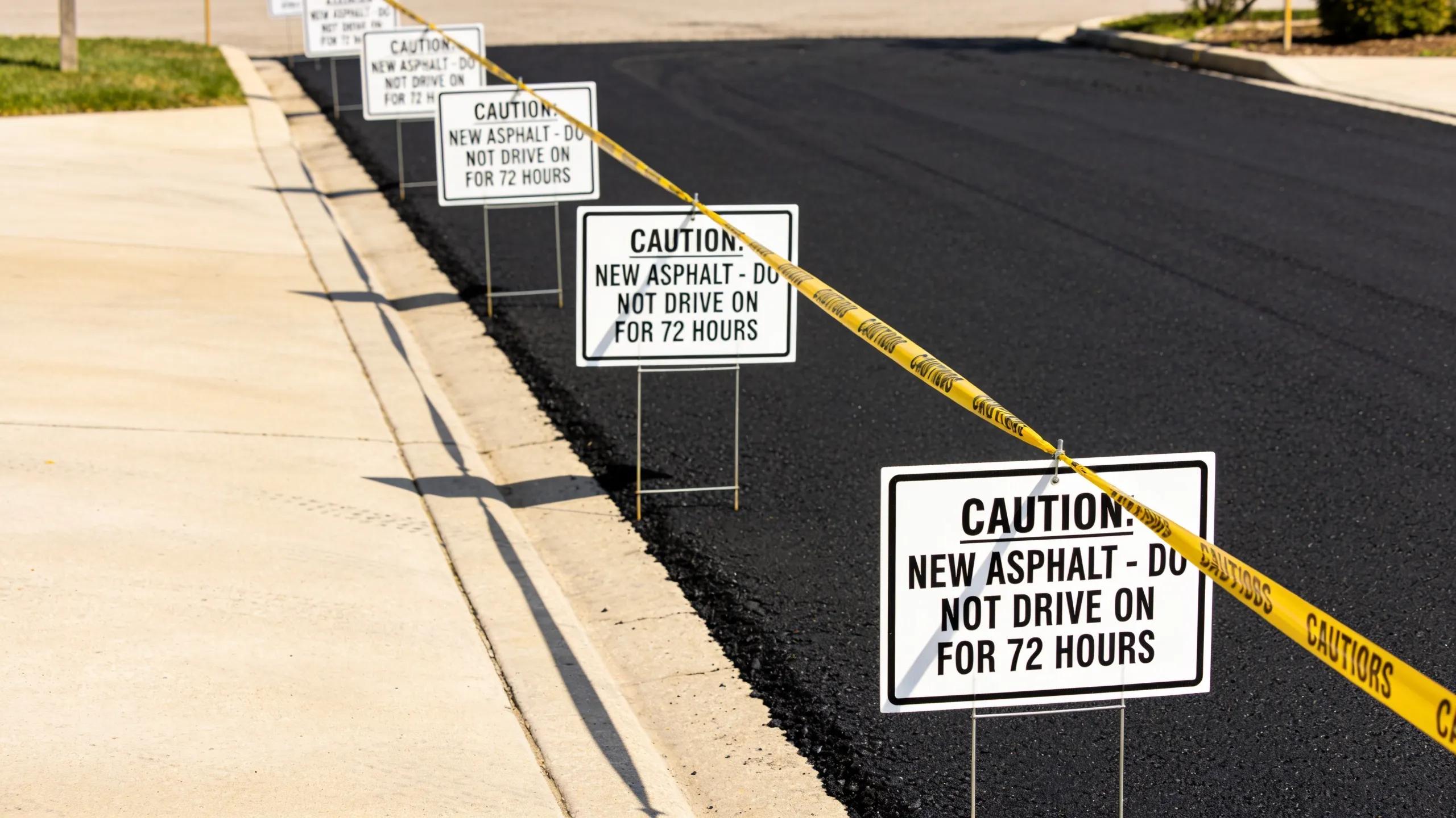 New asphalt driveway with caution signs indicating 72-hour curing period.