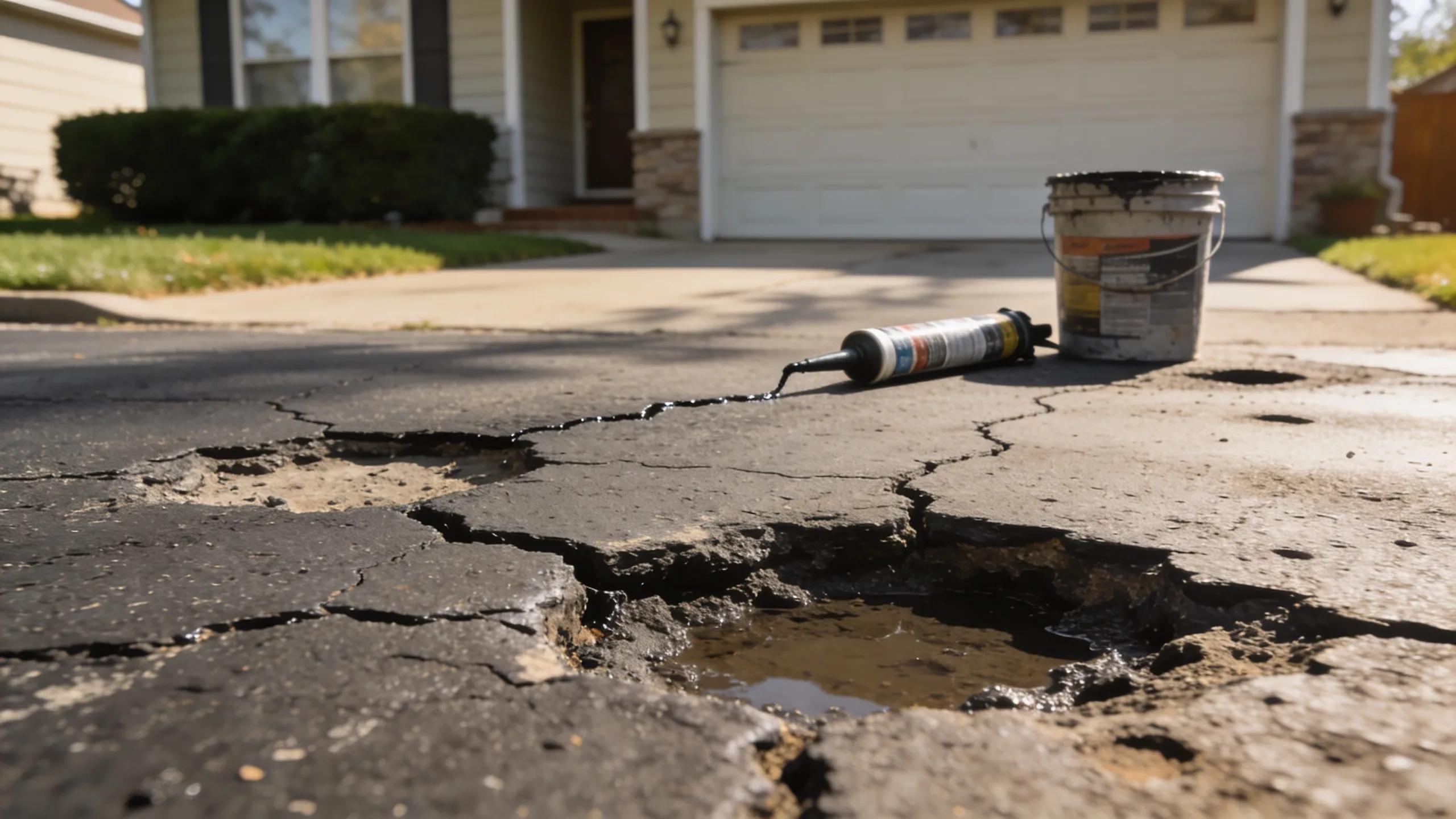 Cracked asphalt driveway with sealant and repair materials illustrating pavement distress and maintenance.