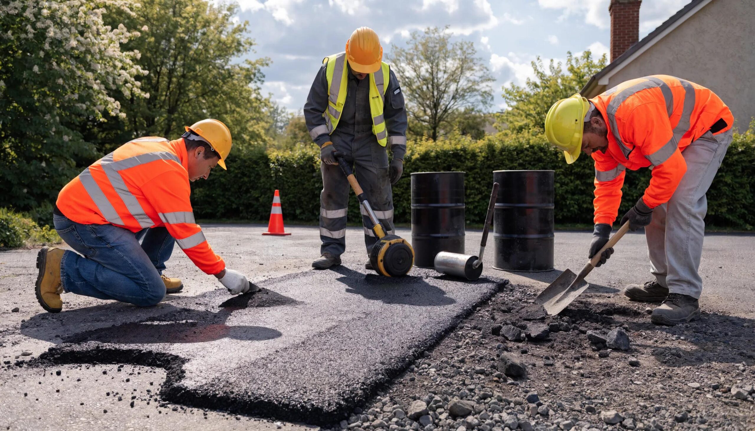 Asphalt contractors repairing pavement with crack filling and sealcoating tools.