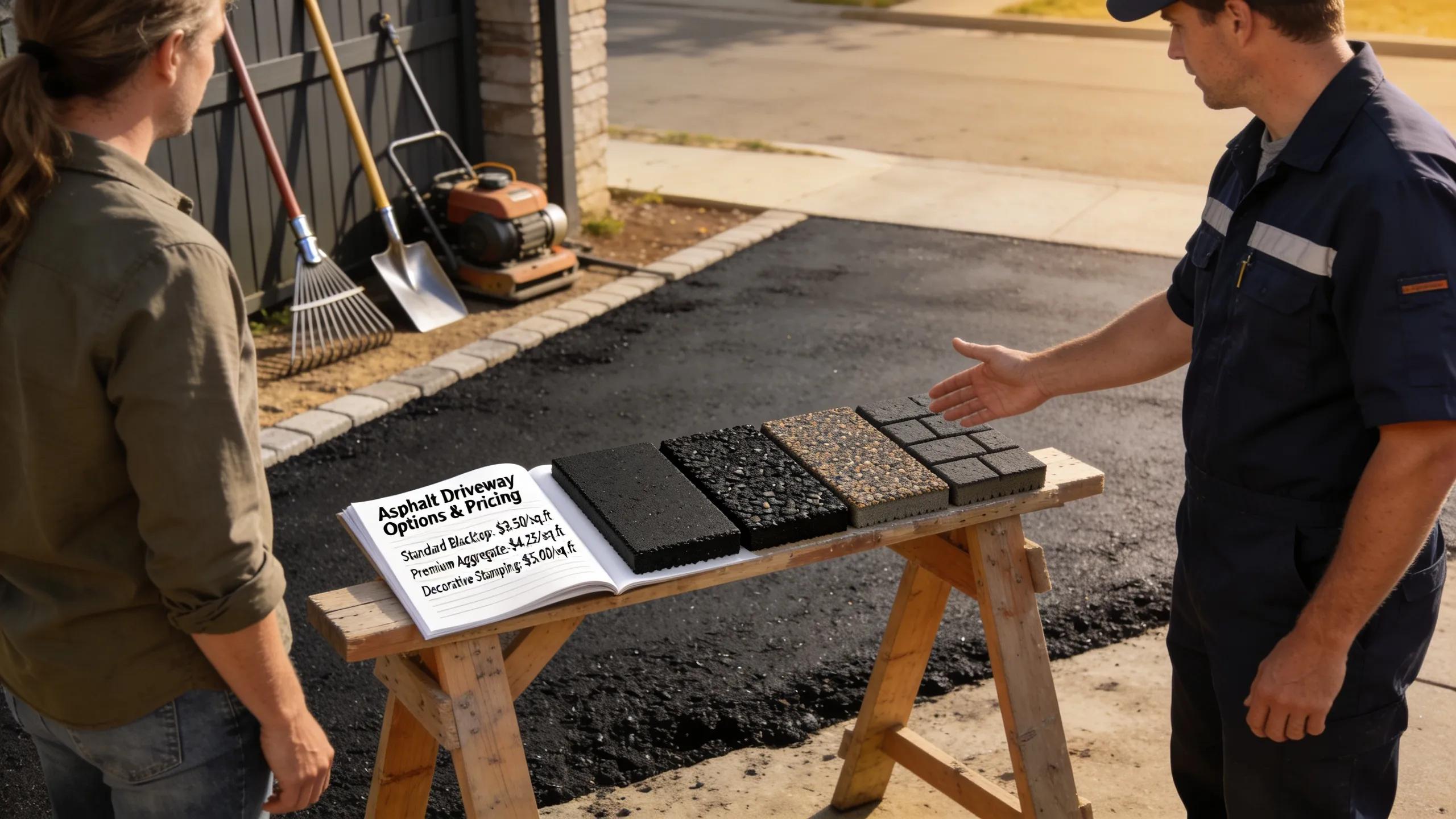 Asphalt driveway options and pricing samples with contractor discussing installation.