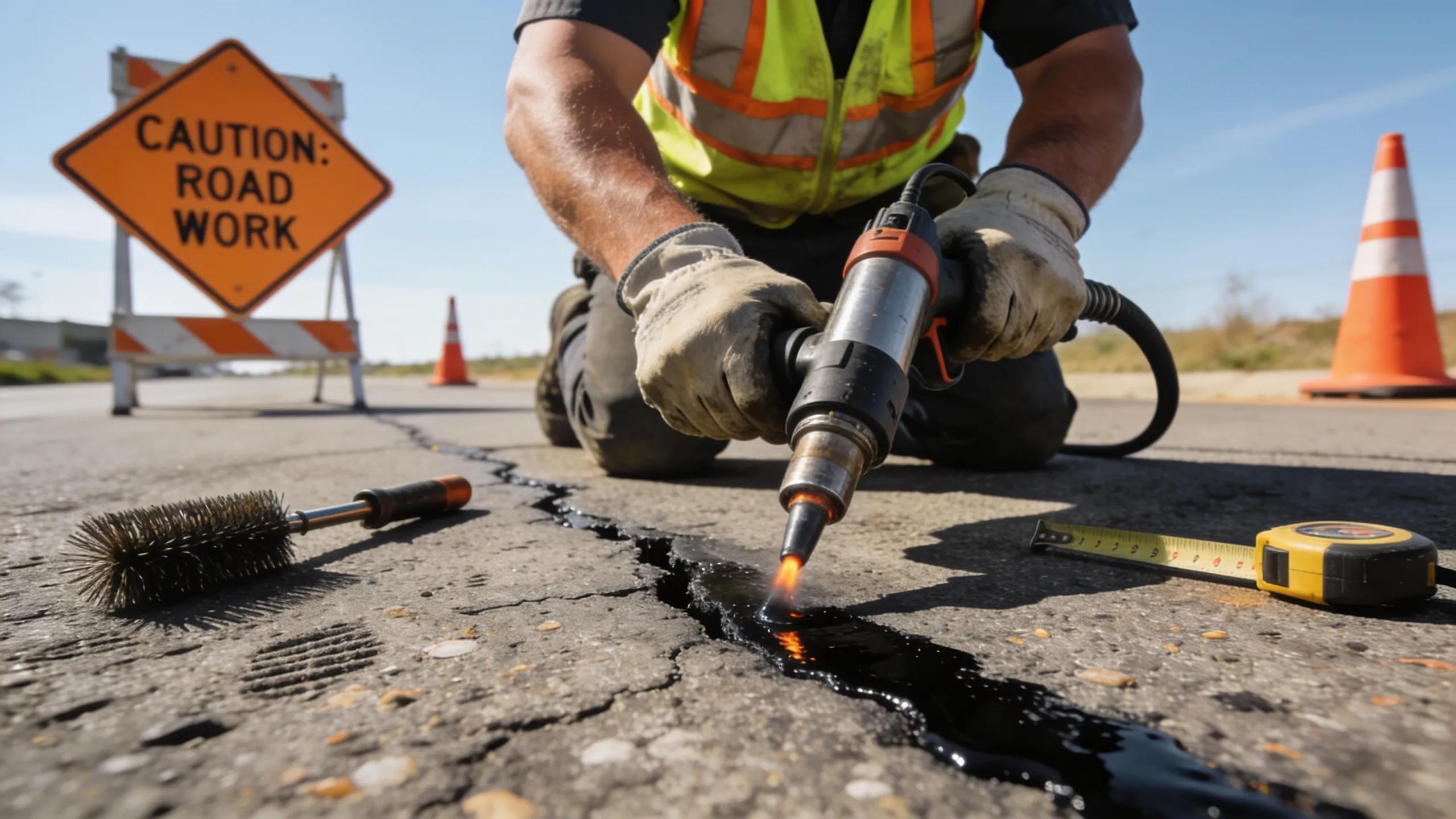 Asphalt repair work with caution signage and safety cones, demonstrating professional asphalt maintenance services.