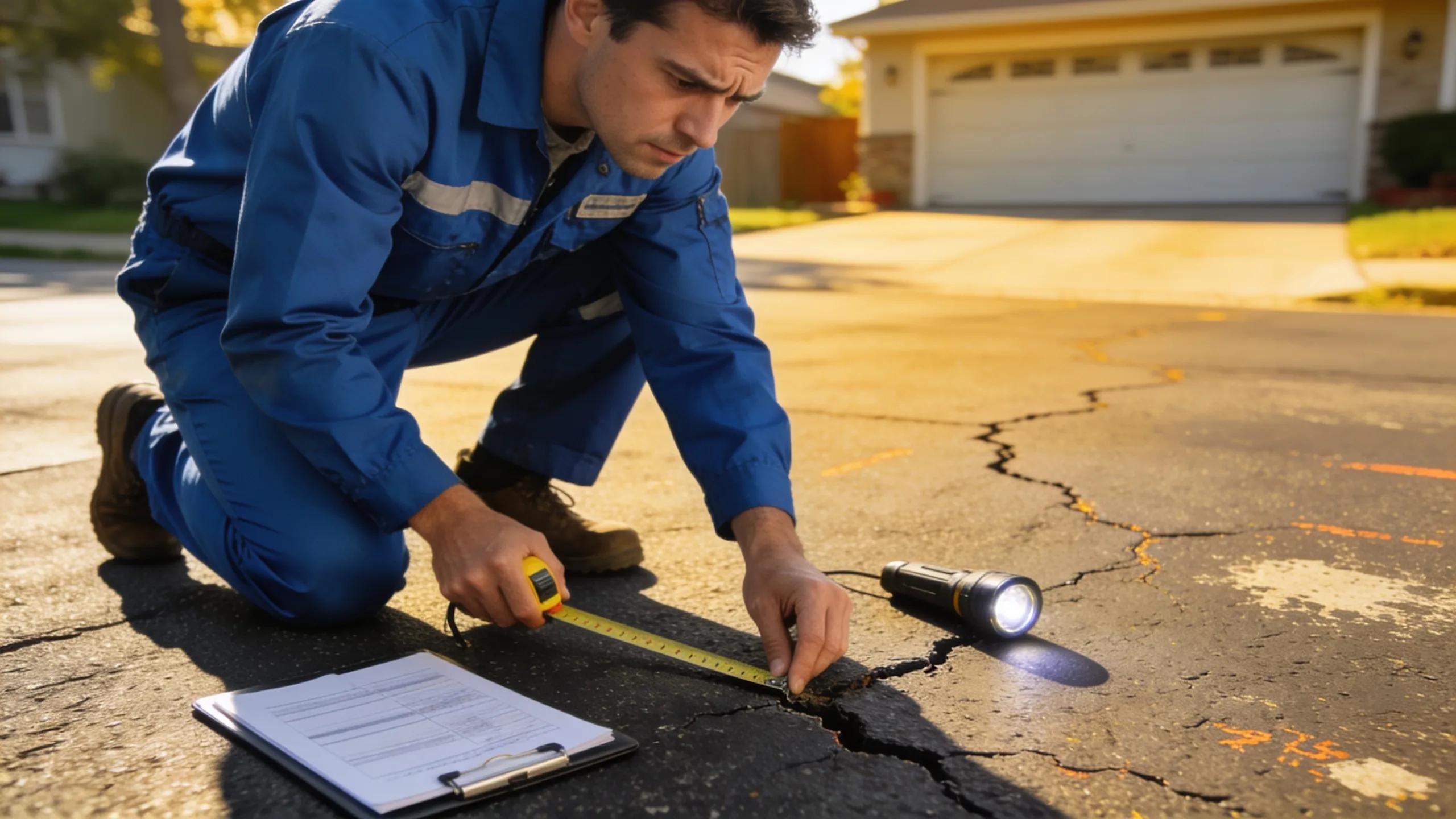 Asphalt driveway inspection with measuring tape and flashlight assessing crack patterns and damage.
