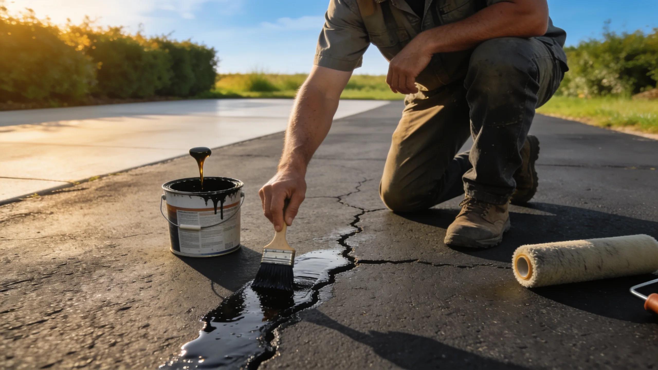 Asphalt driveway crack repair with sealant and brush, maintaining driveway longevity.