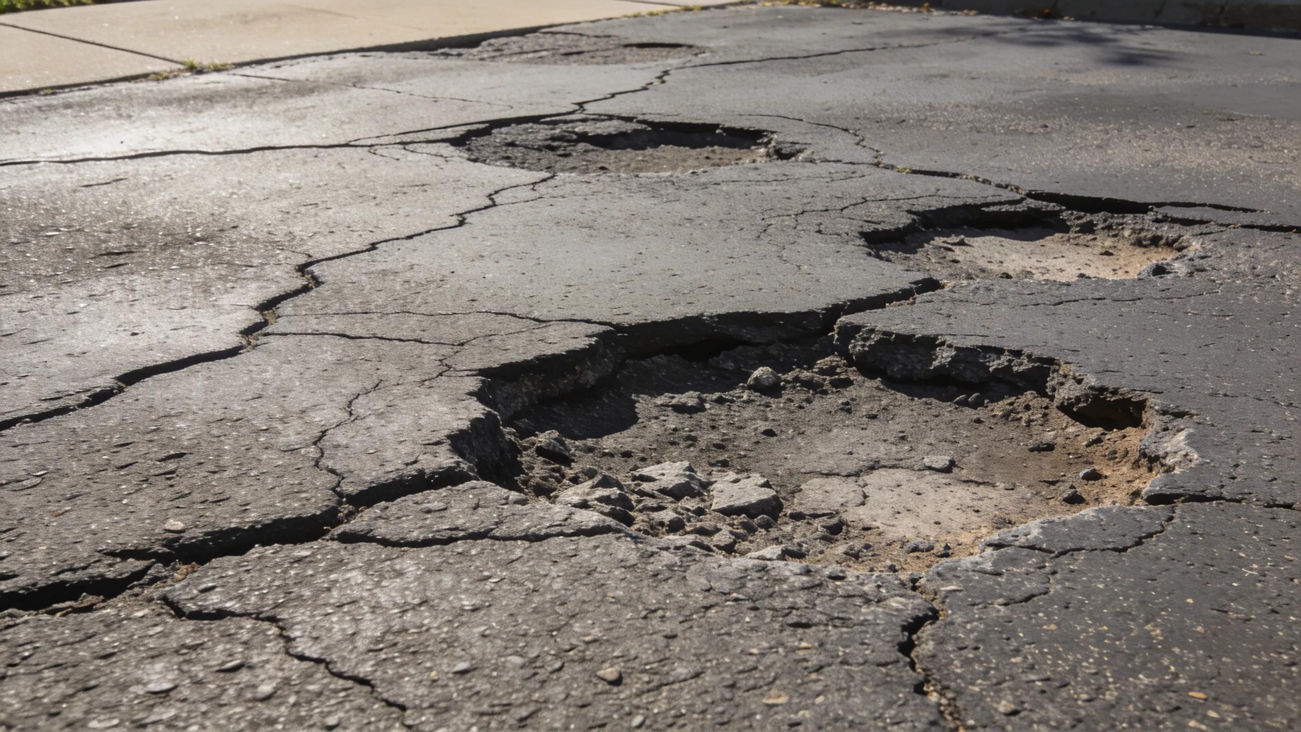 Asphalt driveway surface with cracks and potholes indicating repair or replacement needed.