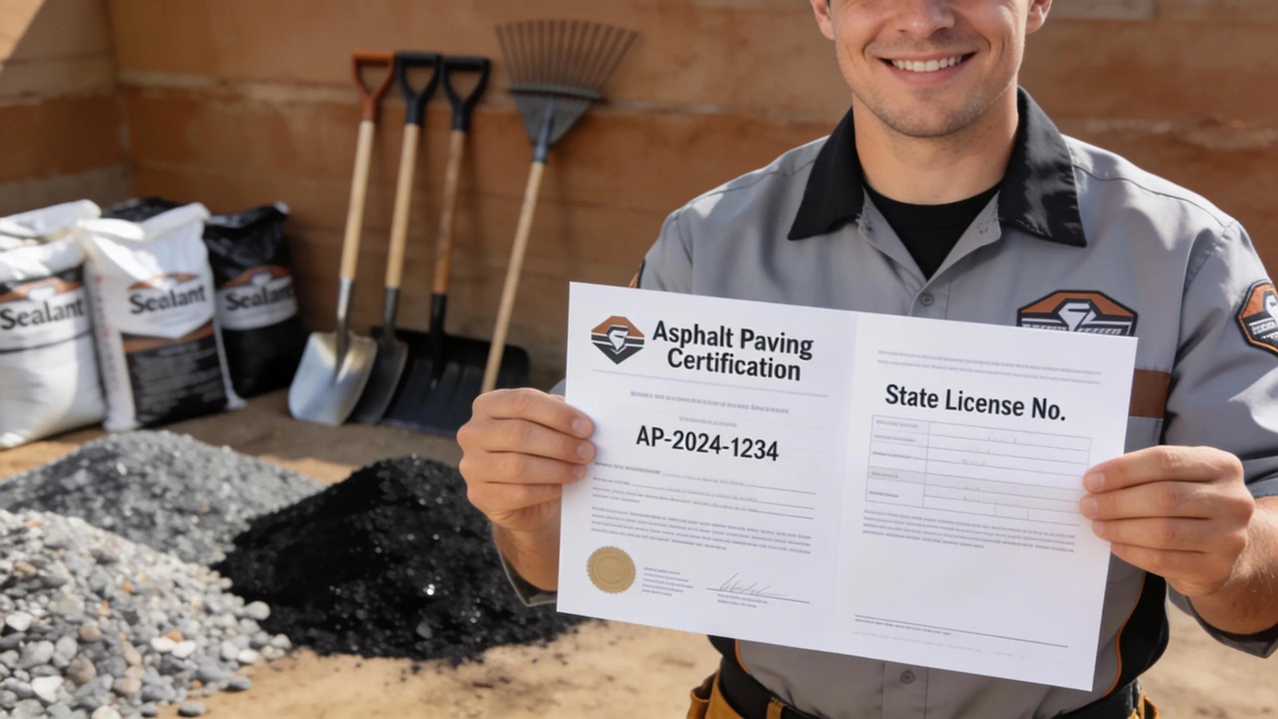 Asphalt contractor displaying certification and state license for quality paving services.