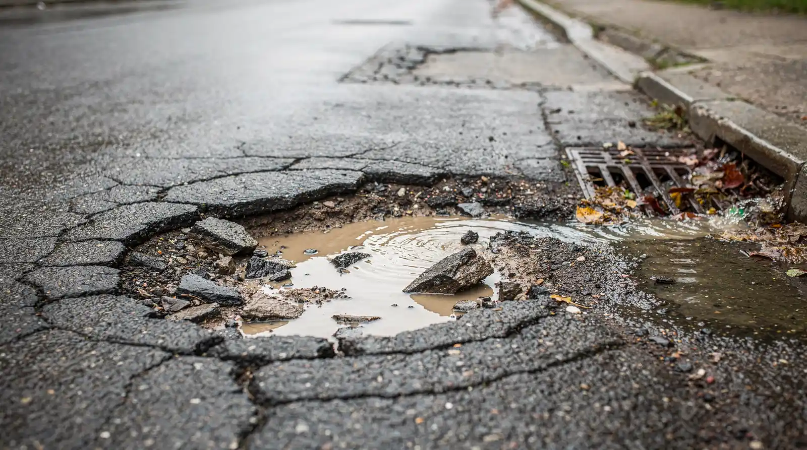 Potholes form as depressions in the surface caused by water infiltration, freeze-thaw cycles, and repeated